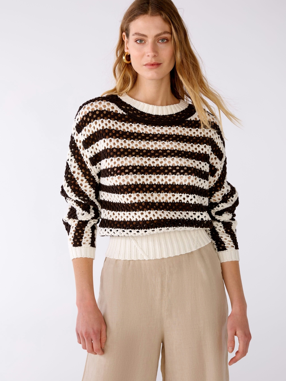 Open-Knit Striped Crewneck Sweater in Brown and White Crochet Size 6
